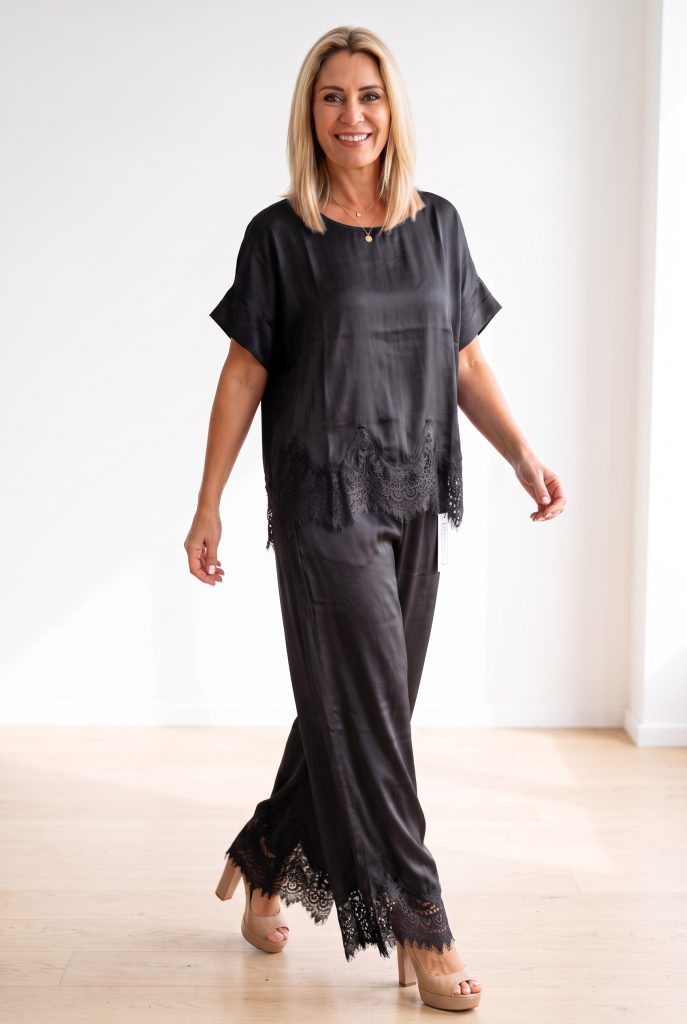 Italian Closet Scalo Satin Lace Trim Top