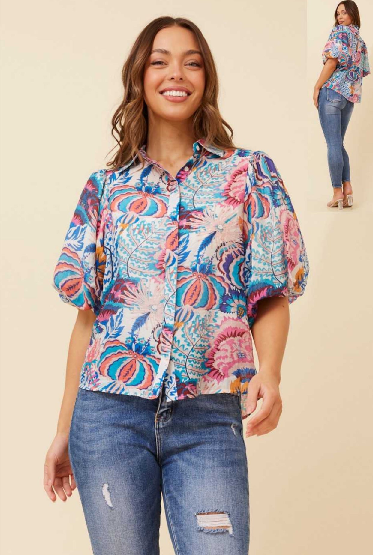 Caroline Morgan Floral Puff Sleeve Shirt T519040