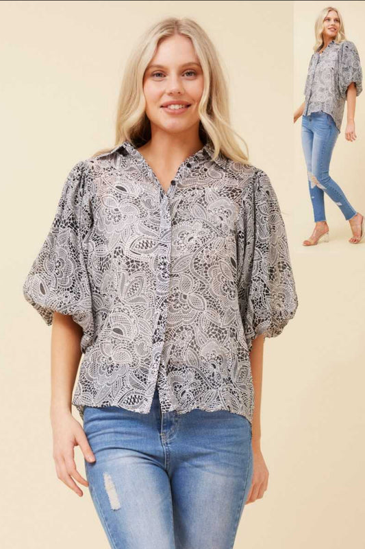 Caroline Morgan Mandala Print Puff Sleeve Shirt T520255