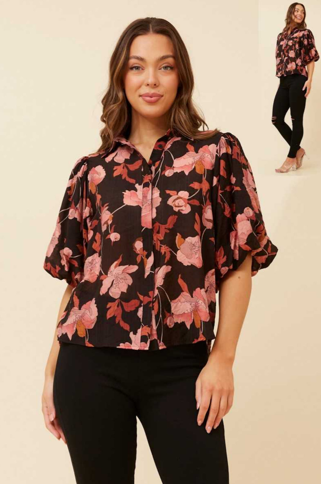 Caroline Morgan Subtle Floral Puff Sleeve Shirt T517737