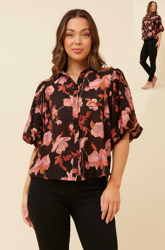 Caroline Morgan Subtle Floral Puff Sleeve Shirt T517737