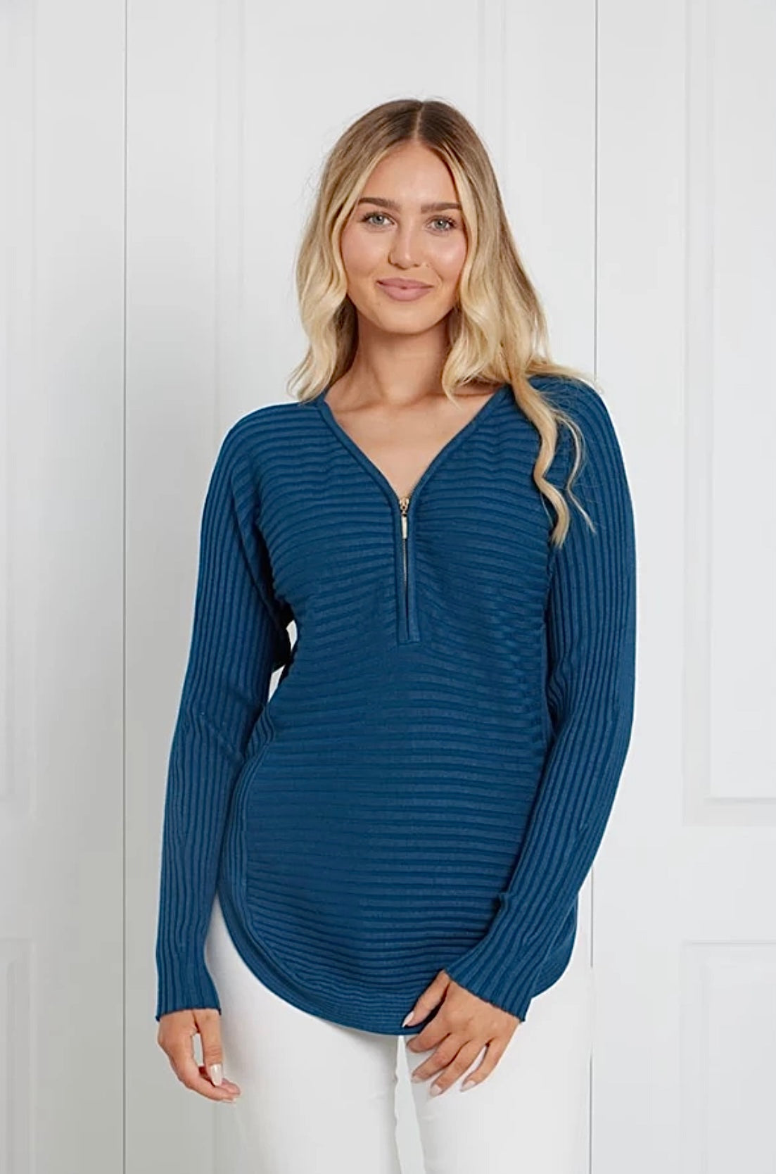 Caroline Morgan Curved Zip Knit Ribbed Top