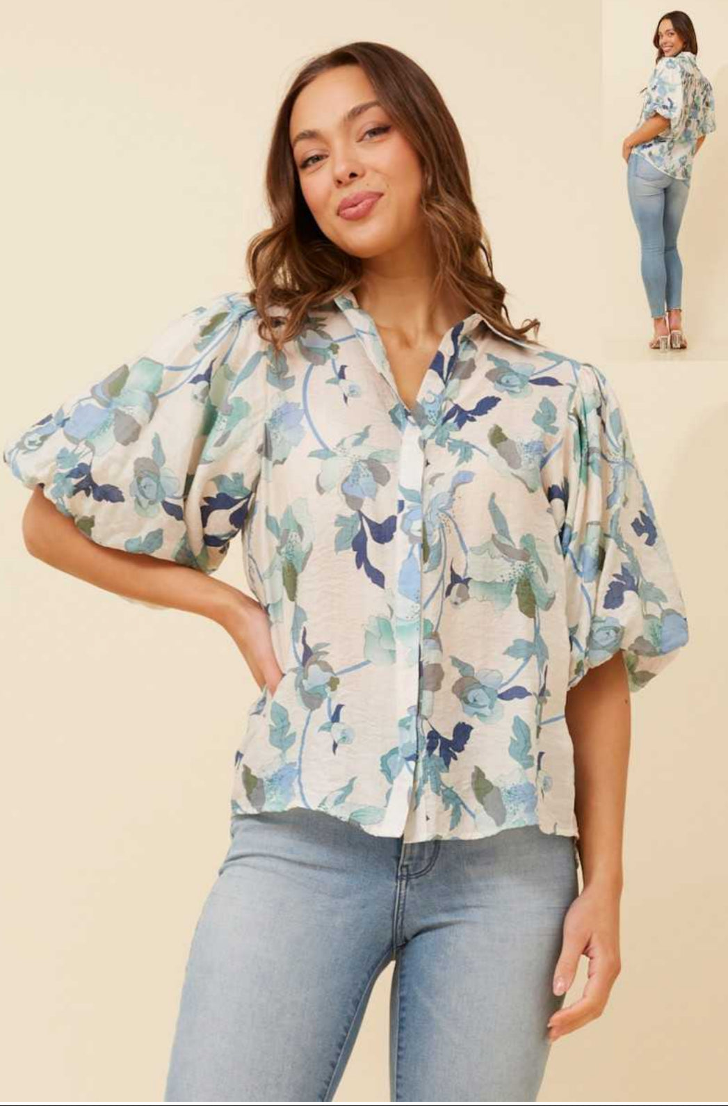 Caroline Morgan Subtle Floral Puff Sleeve Shirt T517737