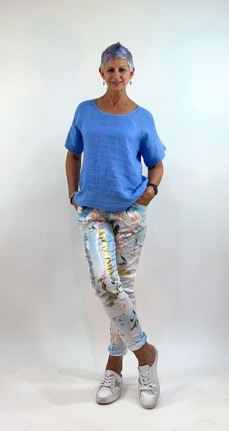 La Strada Blue Flower Crinkle Pants LSP21-70-302