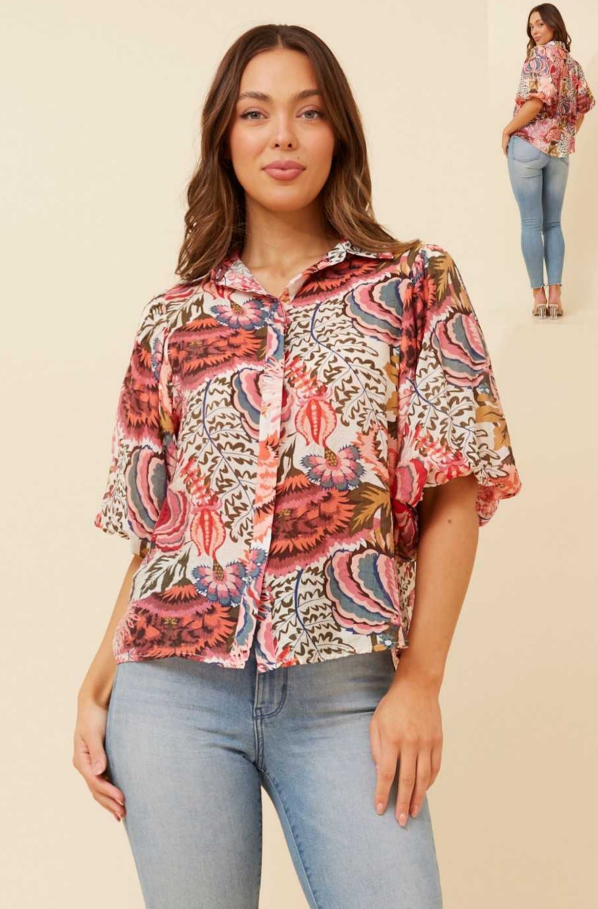 Caroline Morgan Floral Puff Sleeve Shirt T519040