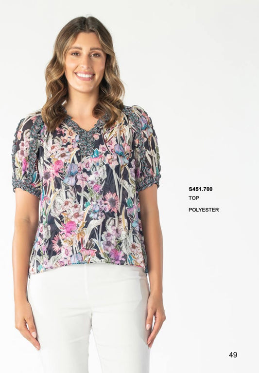 Renoma Short Sleeve Floral V Neck Top S451