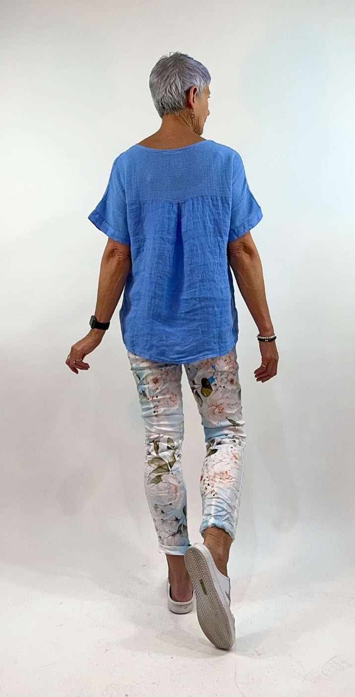 La Strada Blue Flower Crinkle Pants LSP21-70-302