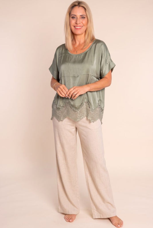 Italian Closet Scalo Satin Lace Trim Top